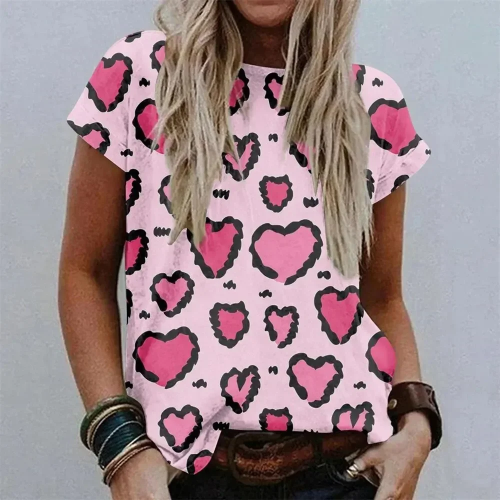 

New Street Personality Korean 3DT Shirt Pink Love Print T-shirt Summer Women's Round Neck Casual Outdoor Sports Top Short Sleeve