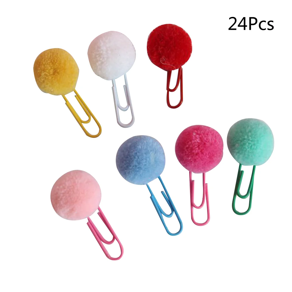 24pcs Paper Clips Kawaii Plush Ball Bookmark Clip Memo Clip Paper Clip Bookmark Novelty Gift (Random Color)