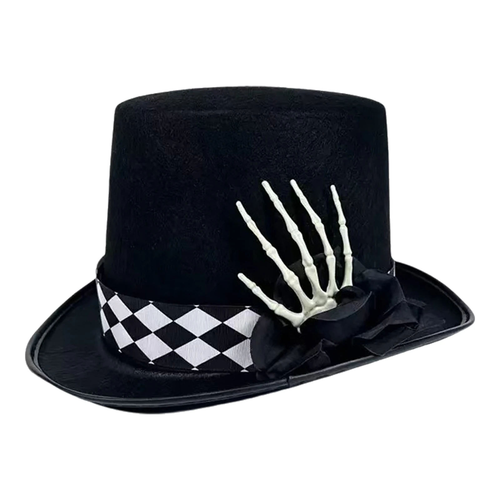Gothic Tall Top Hat 3D Flower Decor Checkerboard Ribbon Spooky Clown Hat Costume Accessory for Adults Halloween Masquerade 5