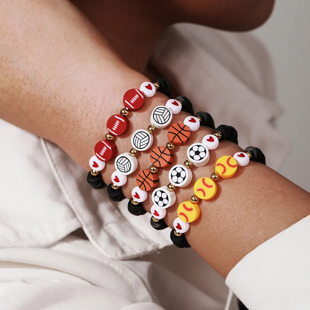 Meetvii Sporty Football Baseball Basketball Clay Beads Charm Bracelets Jewelry for Women Girl Friend Gifts Wrist Accessories
