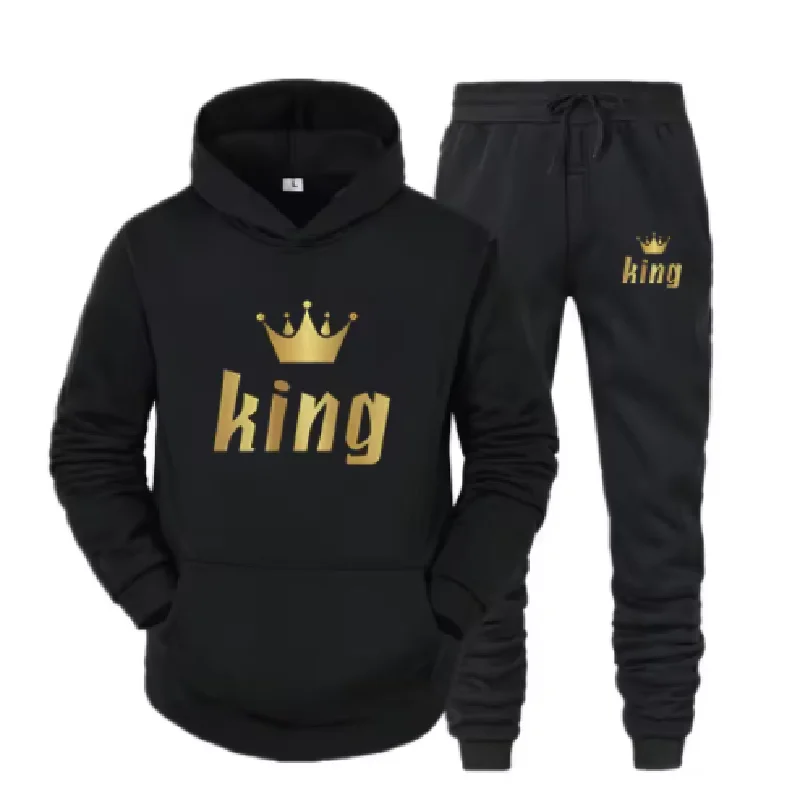 ชุดฮู้ดดี้พิมพ์ลาย KING And QUEEN แขนยาวแฟชั่น สำหรับฤดูใบไม้ร่วงและฤดูหนาว ชุดคู่รัก เสื้อฮู้ดดี้ + กางเกงขายาว ชุด 2 ชิ้น