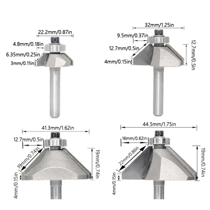 4 Cái 45 Độ Chamfer Bevel Router Bit Chamfer Router Bit với Shank Dropship