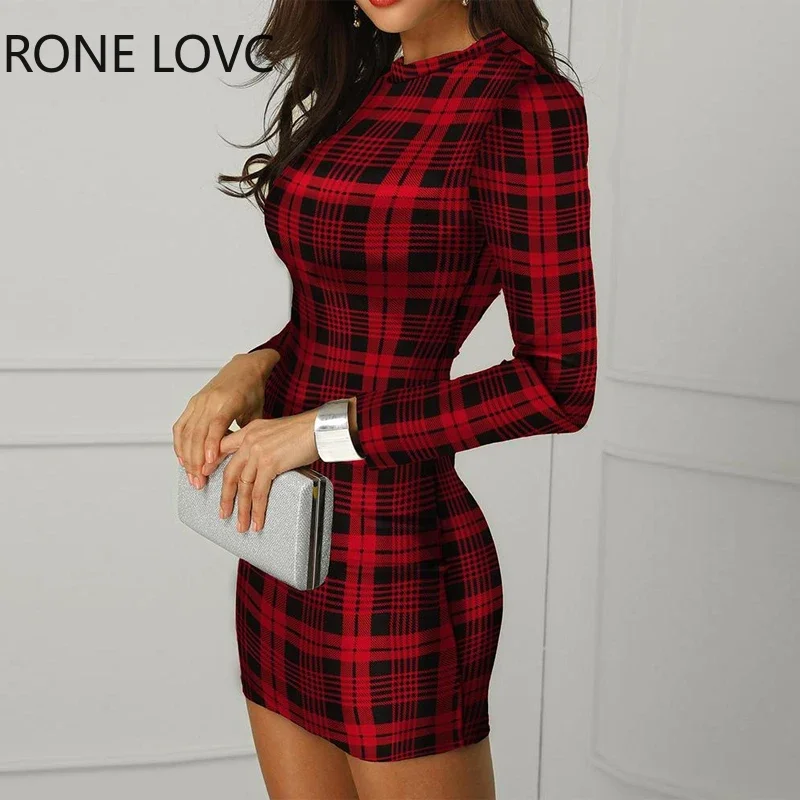 Women  Plaid Long Sleeve Bodycon Dress Party Sexy Dress Elegant Fashion Dress