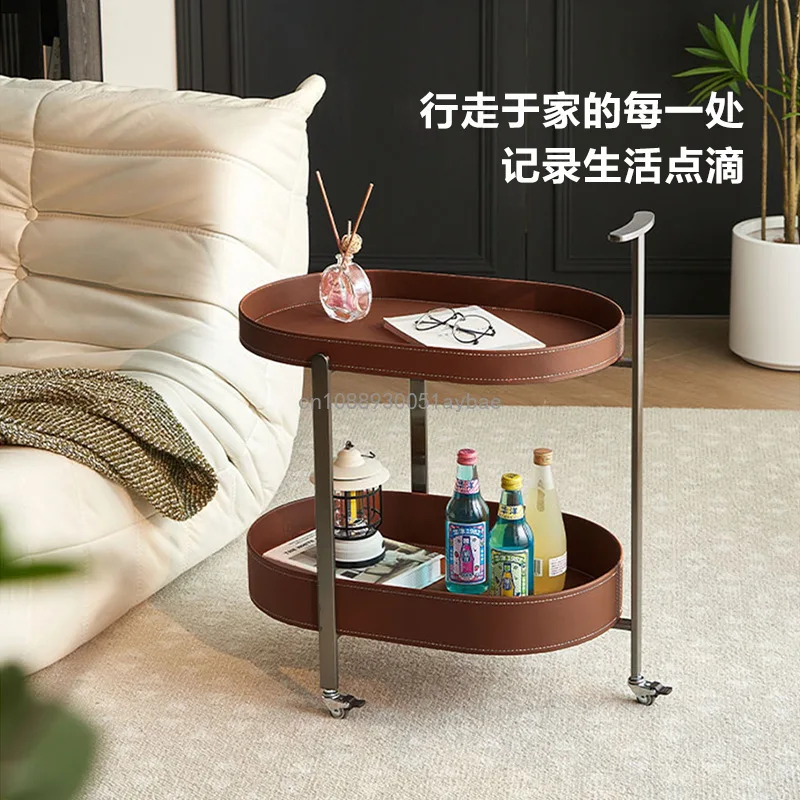 Saddle Leather Mobile Coffee Table Trolley Side Sofa Side Cabinet Living Room Home Corner Bedroom with Wheel Rack