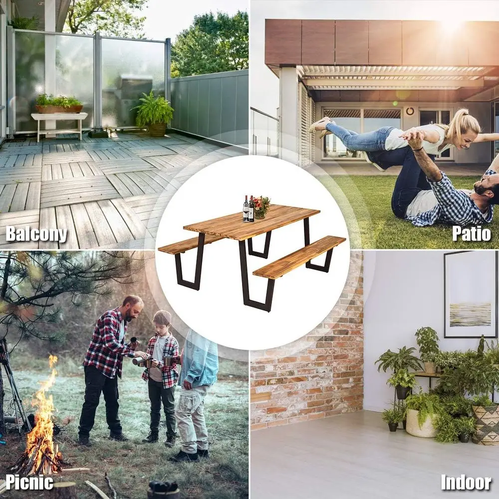 Outdoor 70 Acacia Wood Picnic Table with Benches and Umbrella Hole, Metal Frame Dining Set