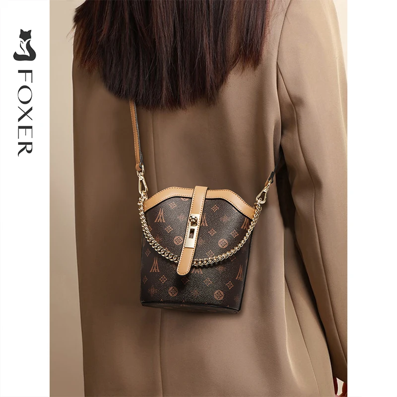 

FOXER Monogram PVC Women Shoulder Bucket Bag 2025 New Summer Fashion Mini Cellphone Bag Female Crossbody Bag Purse Girl Gift