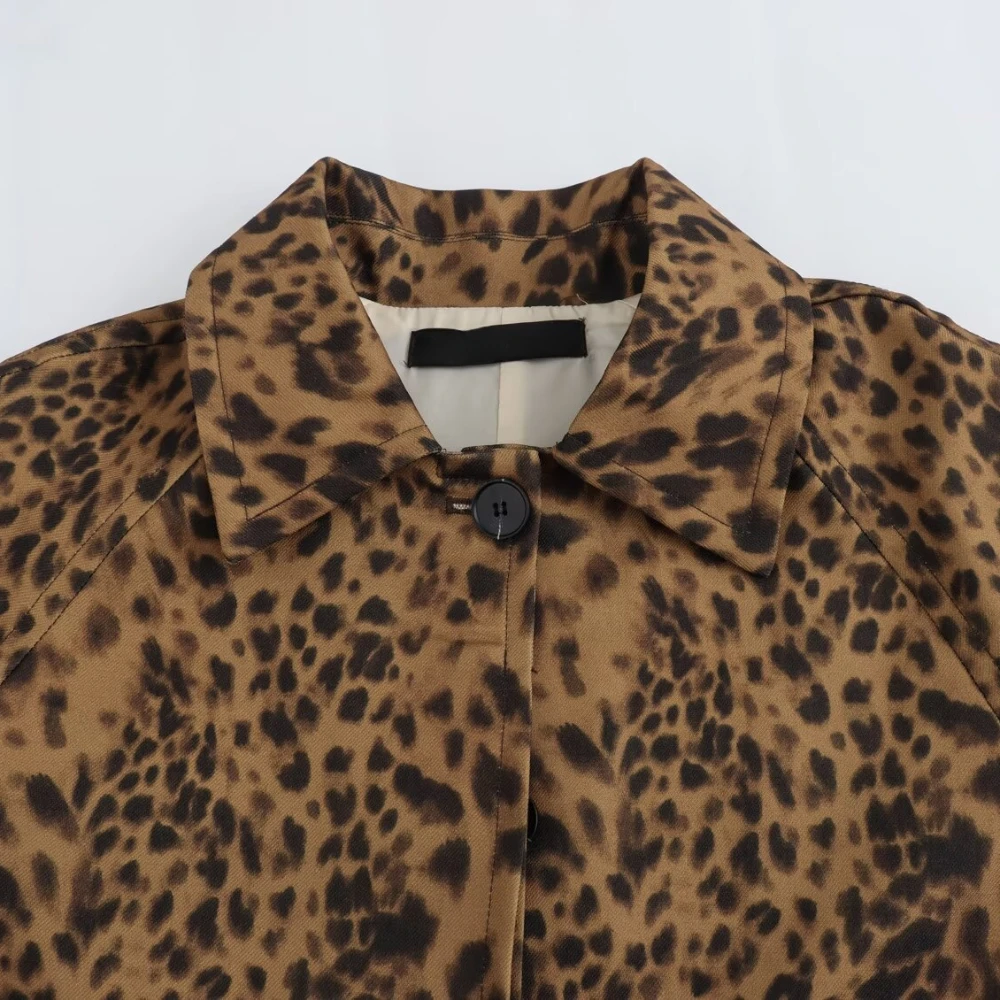 Spring Women\'s Clothing Leopard Trenchcoat Lapel Single Breasted Long Trench Coat Vintage Windbreaker Causal Fashion TRAFJacket