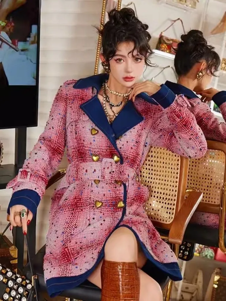 Women Fashion Heart Shaped Double Breasted Woolen Long Jacket Splicing Design High Waist Vintage Office Ladies Casual Outerwear
