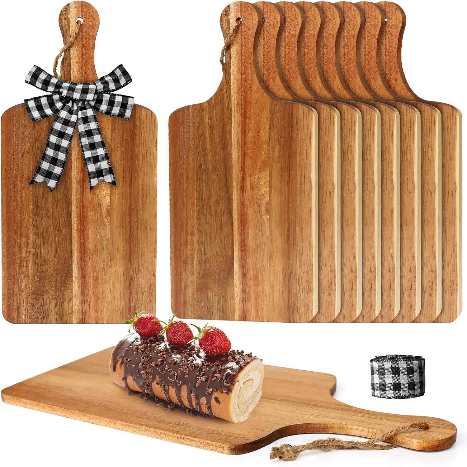 

12-Pack 12"×6" Acacia Wood Cutting BoardsHandles, Rope & Plaid Ribbon Included