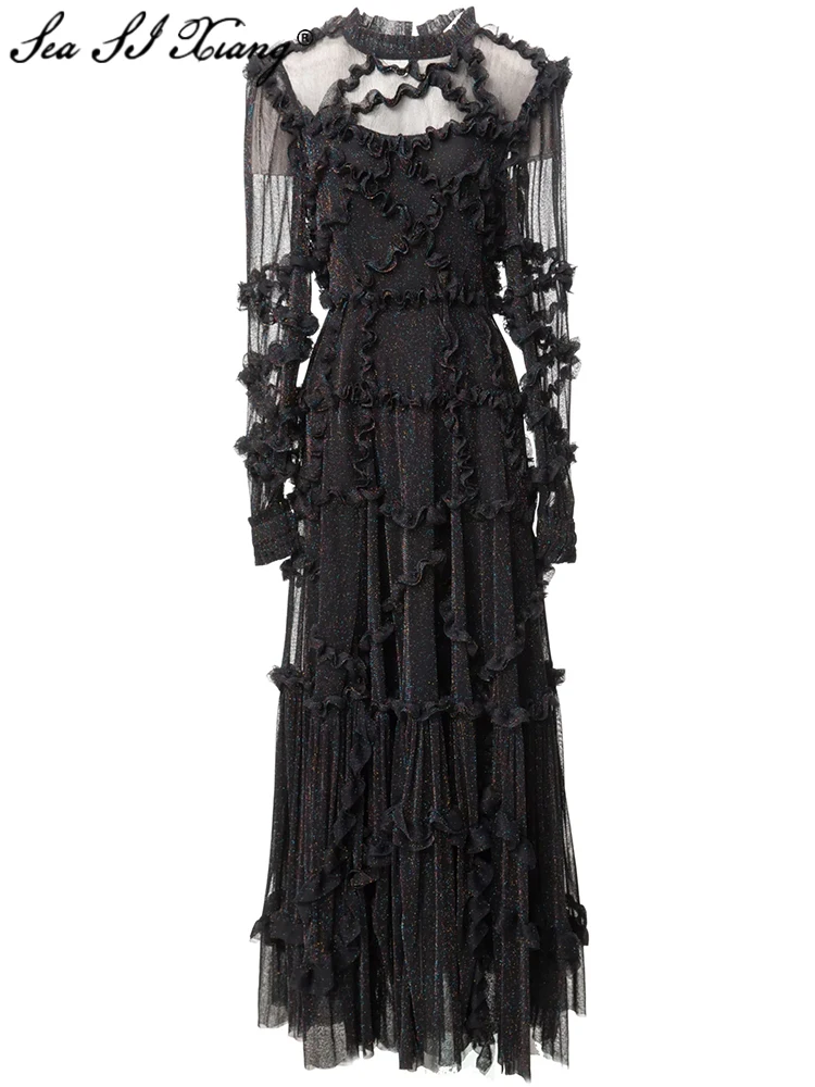 

Seasixiang Fashion Designer Summer Long Dress Women's O-Neck Lantern Sleeve Ruffles Elegant Party Bright silk Dresses