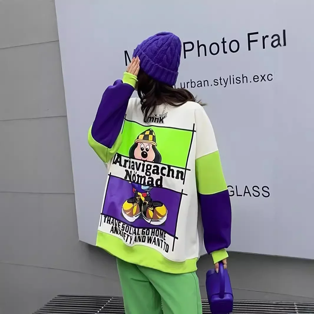 Sudaderas con capucha de empalme de dibujos animados para mujer, Tops casuales sueltos, sudaderas con capucha de gran tamaño impresas, productos