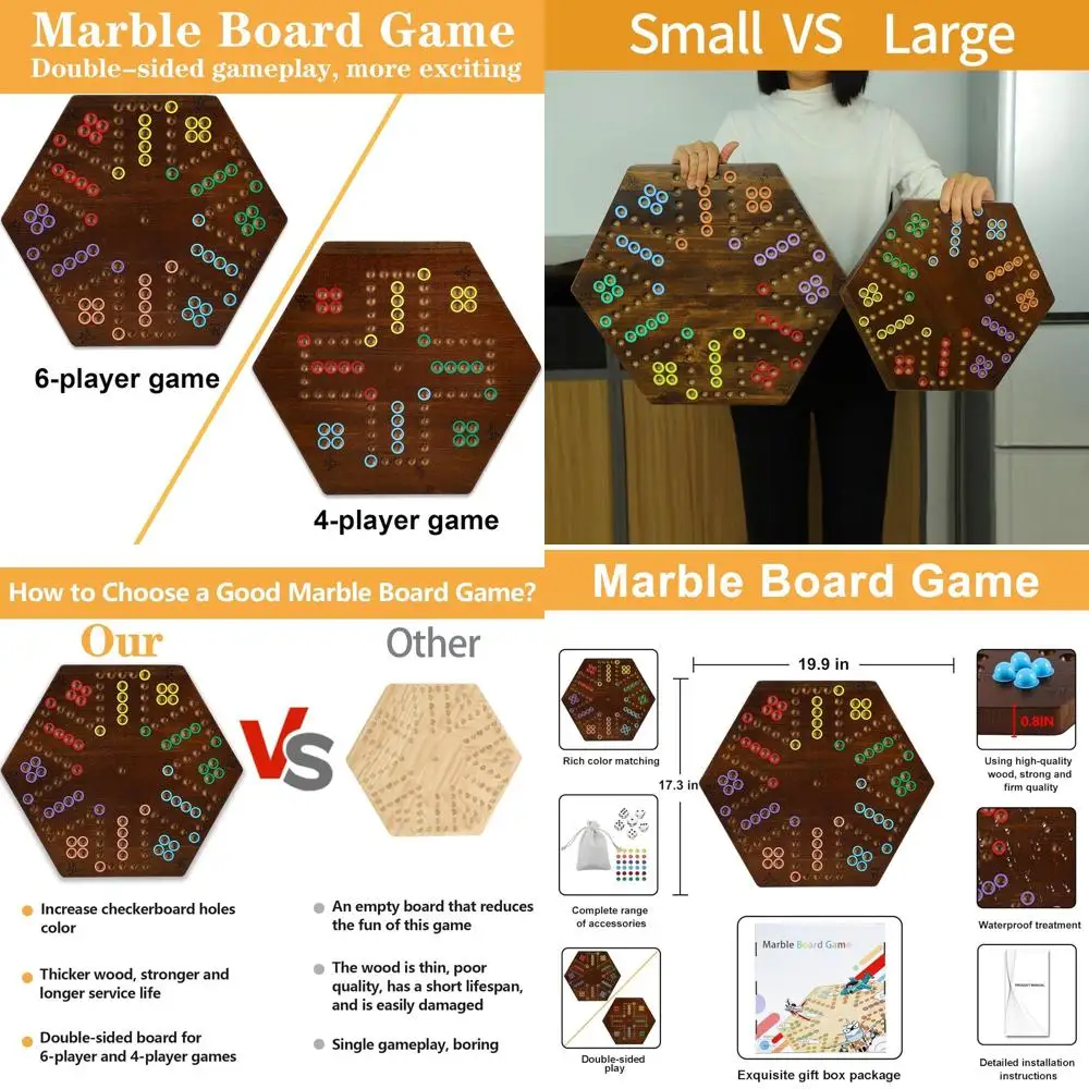 

Wahoo Marble Game - 20 Dual-Sided Wooden Board for 4-6 Players - Fire-Colored Dice & Marbles - Ideal for Family & Party Fun