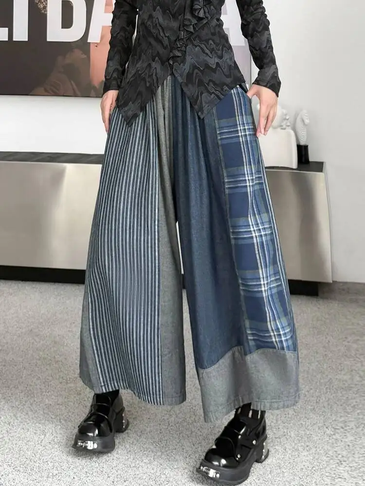 

Новые женские джинсы с высокой эластичной талией, синие в полоску и клетку, широкие, модные, весна-осень