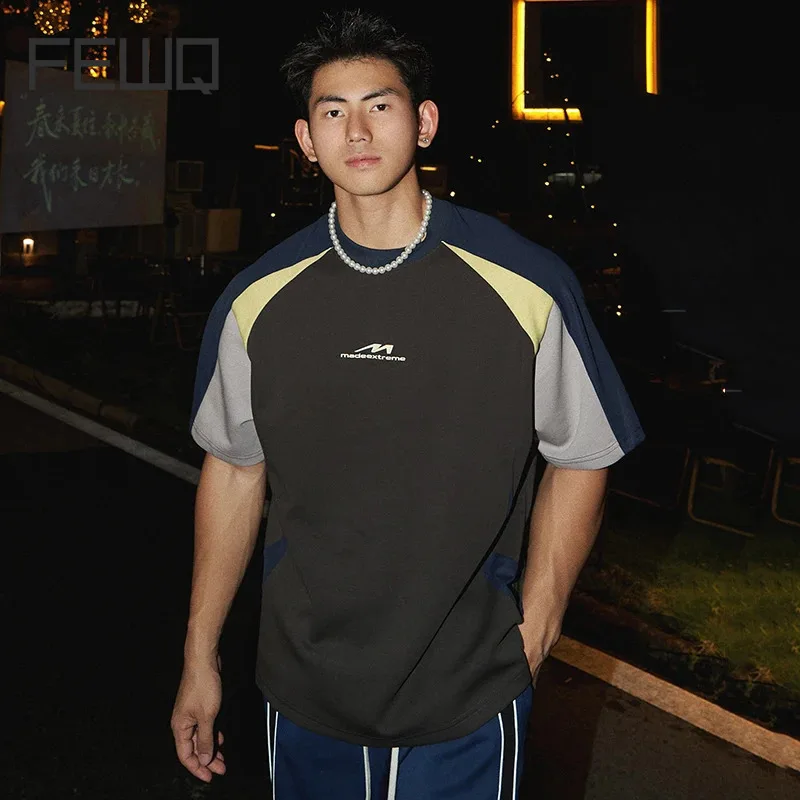 

Мужская футболка с круглым вырезом FEWQ, разноцветная футболка контрастных цветов с короткими рукавами, дизайнерская футболка в американском уличном стиле, лето 2024