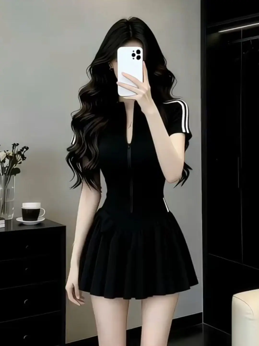 

Spicy Girl Sporty Style Set Women's Summer New Design Color Block Zipper Short Sleeve A-Line Skirt Two-Piece Suit