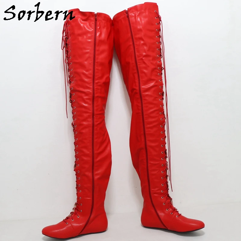 Sorbern Red Matte 97Cm Super Long Boots Women Flat Heels Round Toe Lace Zip Up Winter Style Plush Boots Unisex Custom Colors