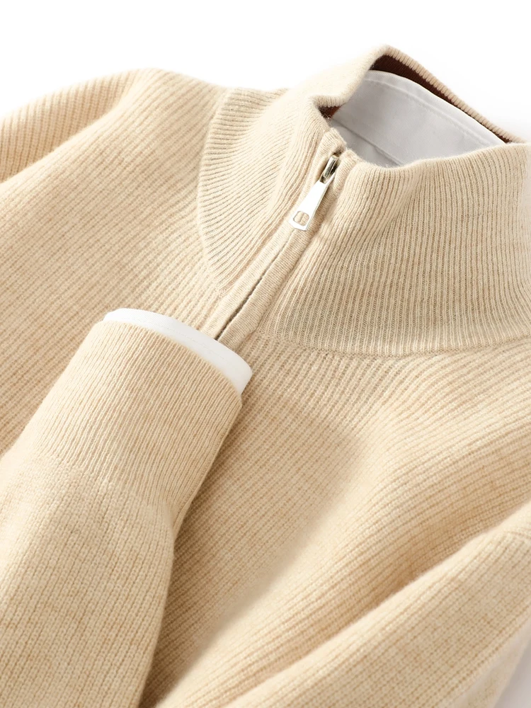 Men Zipper Pullovers 100% Merino Wool Sweater Mock Neck Long Sleeve Autumn Winter Thick Cashmere Knitwear Smart Casual Clothing