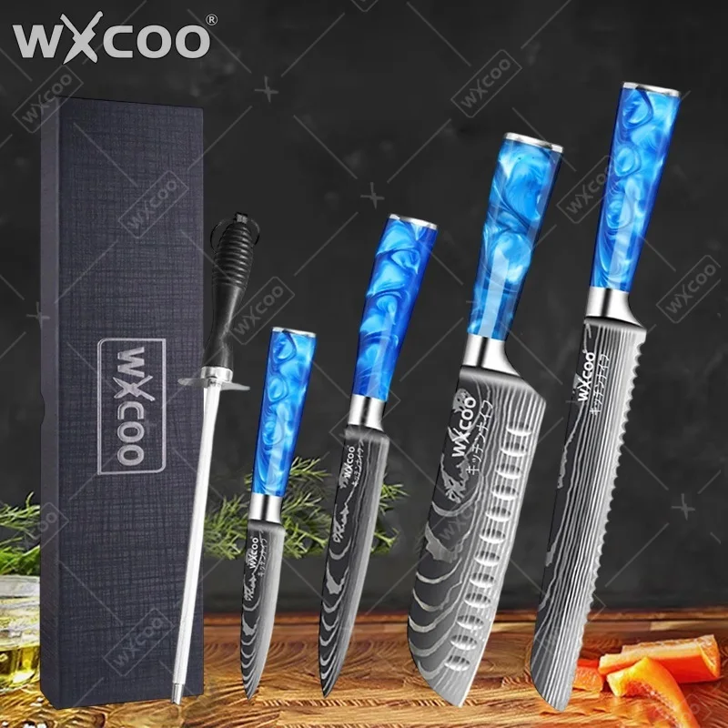 WXCOO Professional Kitchen Knife Gift Box Japanese Santoku Knife Blue Resin Handle Utility Knife With Laser Damascus Pattern