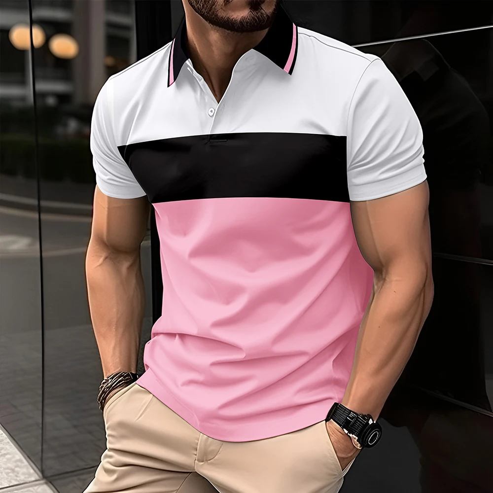 Men\'s Polo Shirt Color Match Business Casual Style Men\'s Top Conference Dinner Party Short Sleeve Baseball Men\'s Polo Shirt