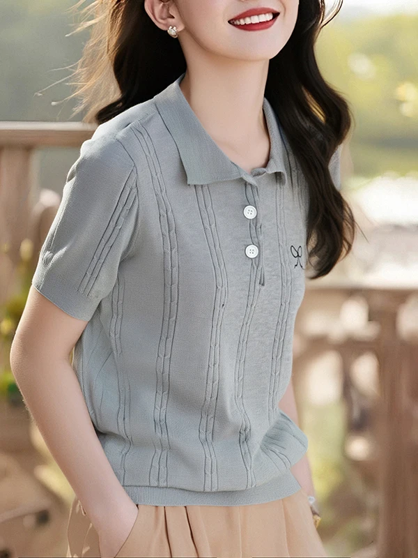 เสื้อถักปักลายหวานๆ คอตั้ง สไตล์ลำลอง แฟชั่น สำหรับผู้หญิง สินค้าเอาท์เล็ท