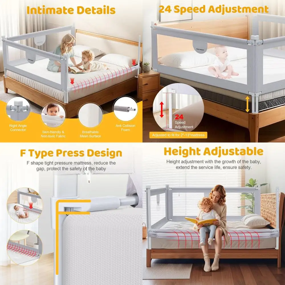 

Toddler 3-Sided Safety Bed Rail with Lock, Adjustable Height, King Size, 78.74x78.74x74.8