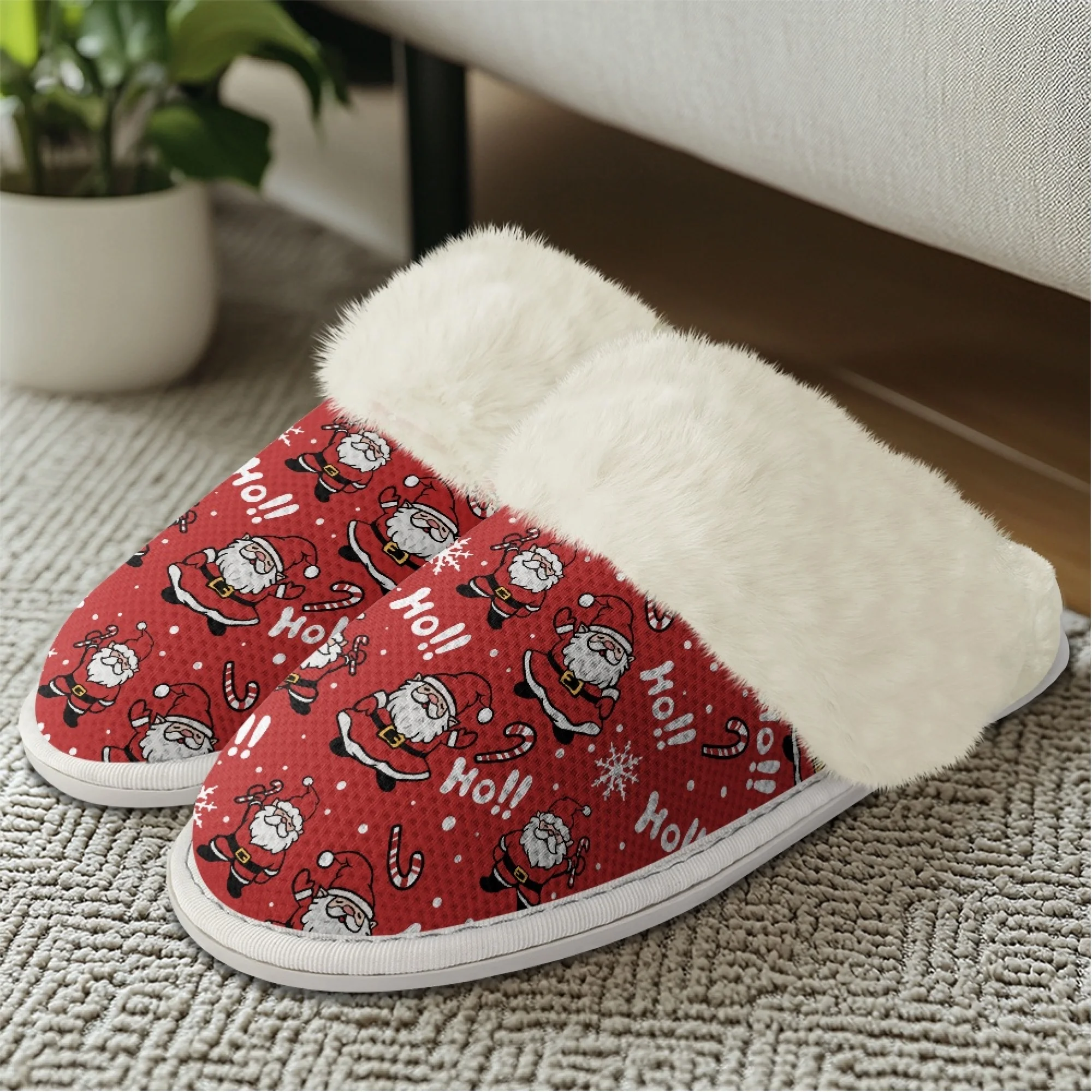 INSTANTARTS Women Flat Cotton Slippers Cute Santa Claus Christmas Anti Slip Casual Comfortable Indoor Winter Shoes Keep Warm