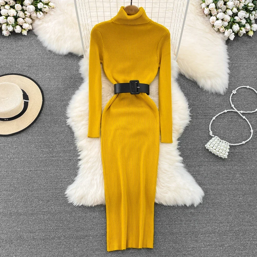 2025 Vintage Korean Chic Elegant Sweater Dress Autumn Winter Turtleenck Long Sleeve Knit Robe Solid Casual Vestidos Mujer