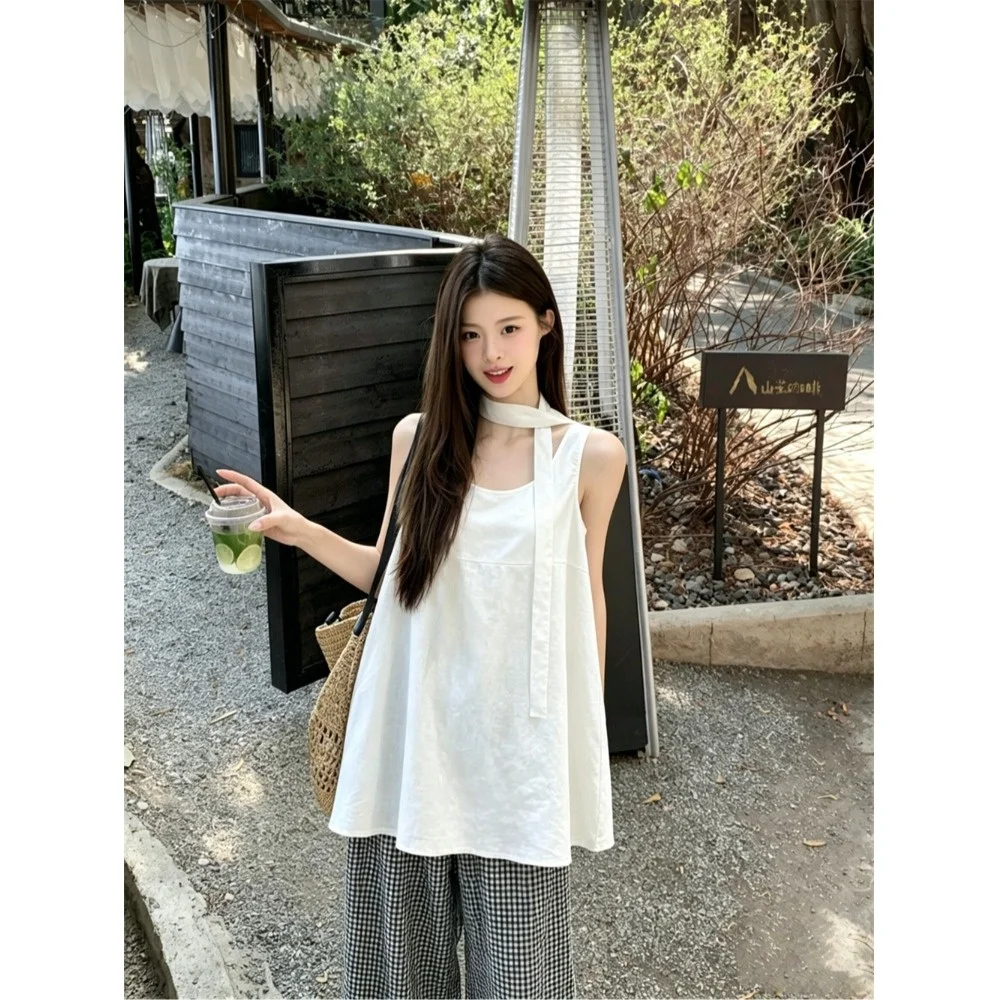 Ladies Casual Loose White Sleeveless Shirt Women's Summer Design Sensation Sash Loose Fit Breathable Comfortable Top