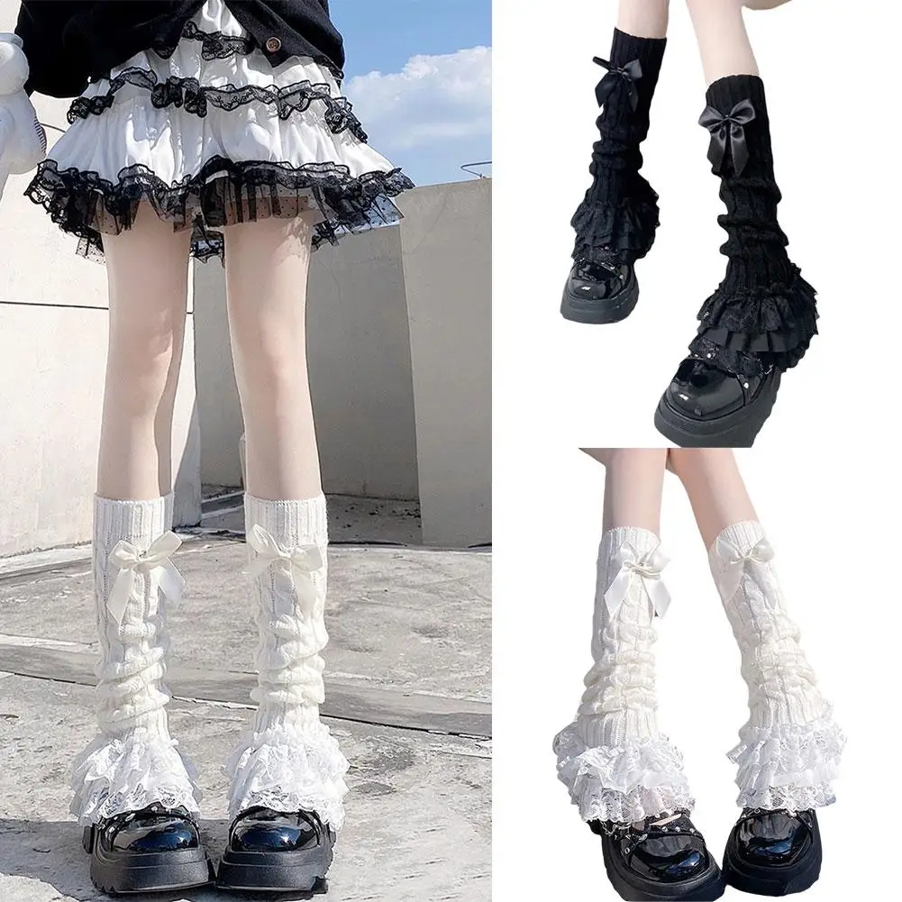 Japanese Women Knitted Leg Warmer Bow Tiered Ruffled Lace Socks Calf Lace Lolita Socks T-shaped Women's Warmers Girl Horn J D9W3