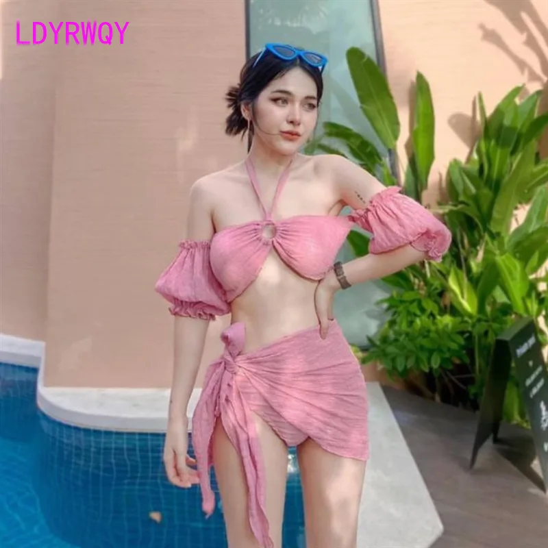 Swimsuit women's South Korean split body sleeved bikini three piece dress style triangle hot spring swimsuit bikini