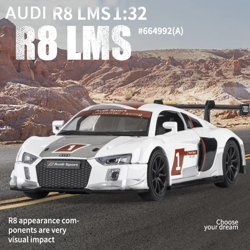 

1:32 имитация Audi R8LMS, гоночная модель из сплава, украшения со звуком и светом, спортивный автомобиль, детская игрушка, внедорожник, подарок
