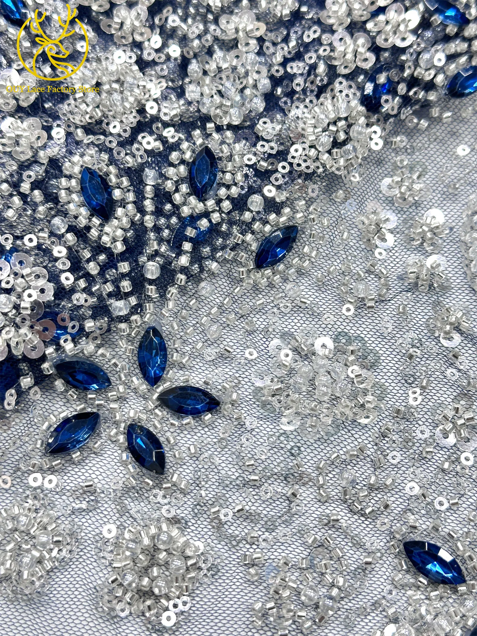 2026 Luxuriöser französischer Mesh-Spitzenstoff mit Perlen und Steinen, marineblau, afrikanischer nigerianischer Edelstein-Pailletten-Spitzenstoff zum Nähen von Hochzeitskleidern – Detail 22