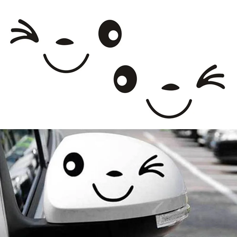 Pegatina reflectante para espejo retrovisor de coche, pegatina de cara de ojo sonriente de dibujos animados, 2 piezas