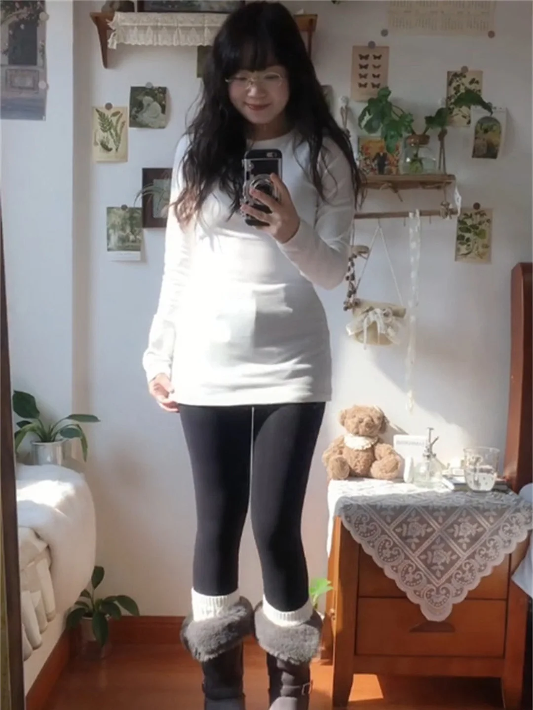 White Basic Mid-Length Butt Covering Women's T-Shirt Autumn Winter Slimming Waist-Cinching Inner Wear Long Sleeve Top