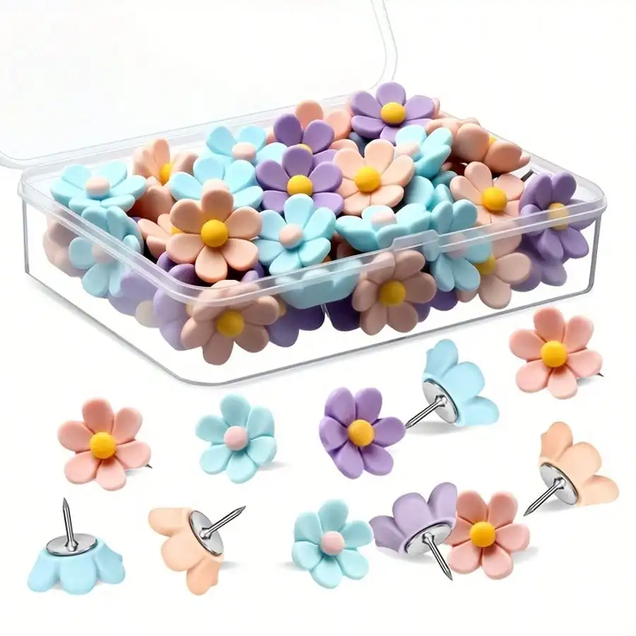 

Pastel Cute Floral Push Pins – Pink, Purple, Green – Assorted Sizes & Shapes for Office
