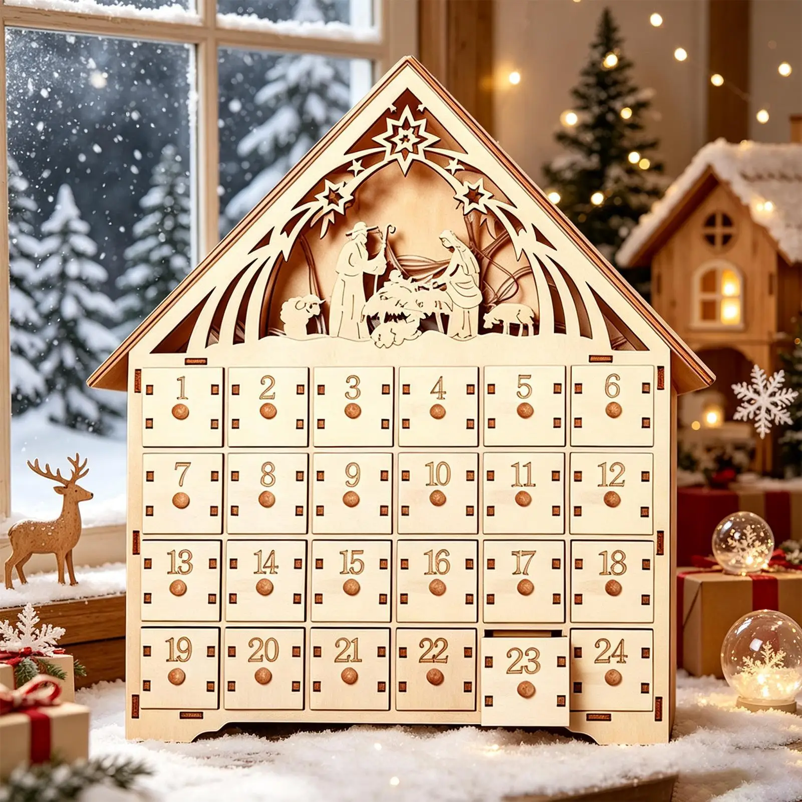 2026 Christmas Countdown Calendar With Drawers And LED Lights 24 Days Wooden House Shape Table Decoration For Home Living
