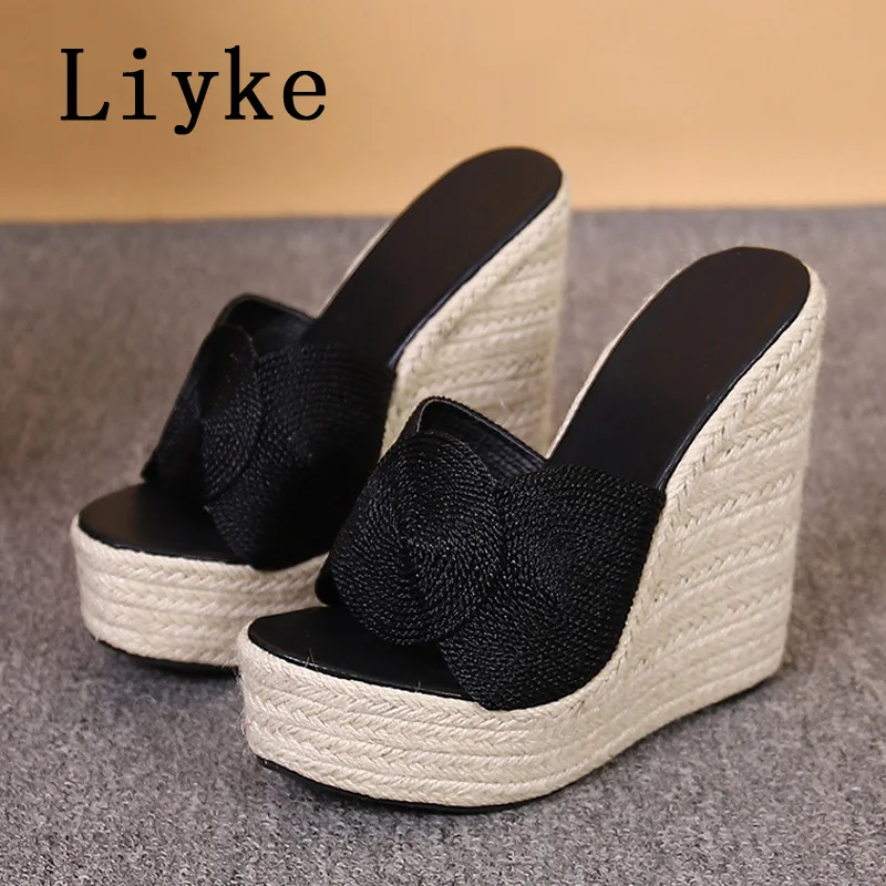 Liyke-Zapatillas con punta de plataforma abierta para mujer, Sandalias de tacón alto hechas a mano con tejido de cáñamo, a la moda, Verano