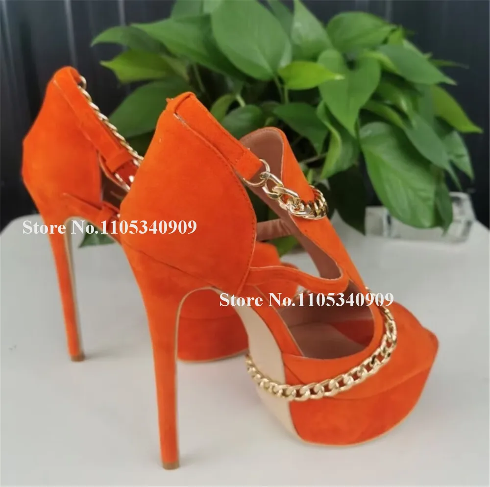 Bondarenko Gold Chains Decorated Stiletto Heel Sandals Orange Blue Purple Suede High Platform Cut-out Thin Heel Dance Shoes