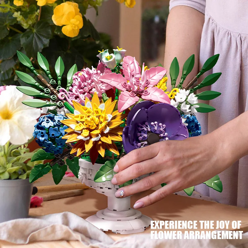 Kreatywny zestaw klocków 1081 elementów Ogród Kwiatowy Bonsai Dekoracja Domu Wieczny Bukiet Kwiatów Klocki MOC Zabawki Prezent na Walentynki