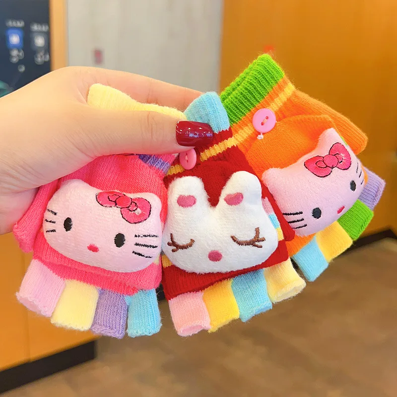 

hello kitty children's gloves girls cartoon knitted flip five finger cover fall and winter baby writing warm half finger cover