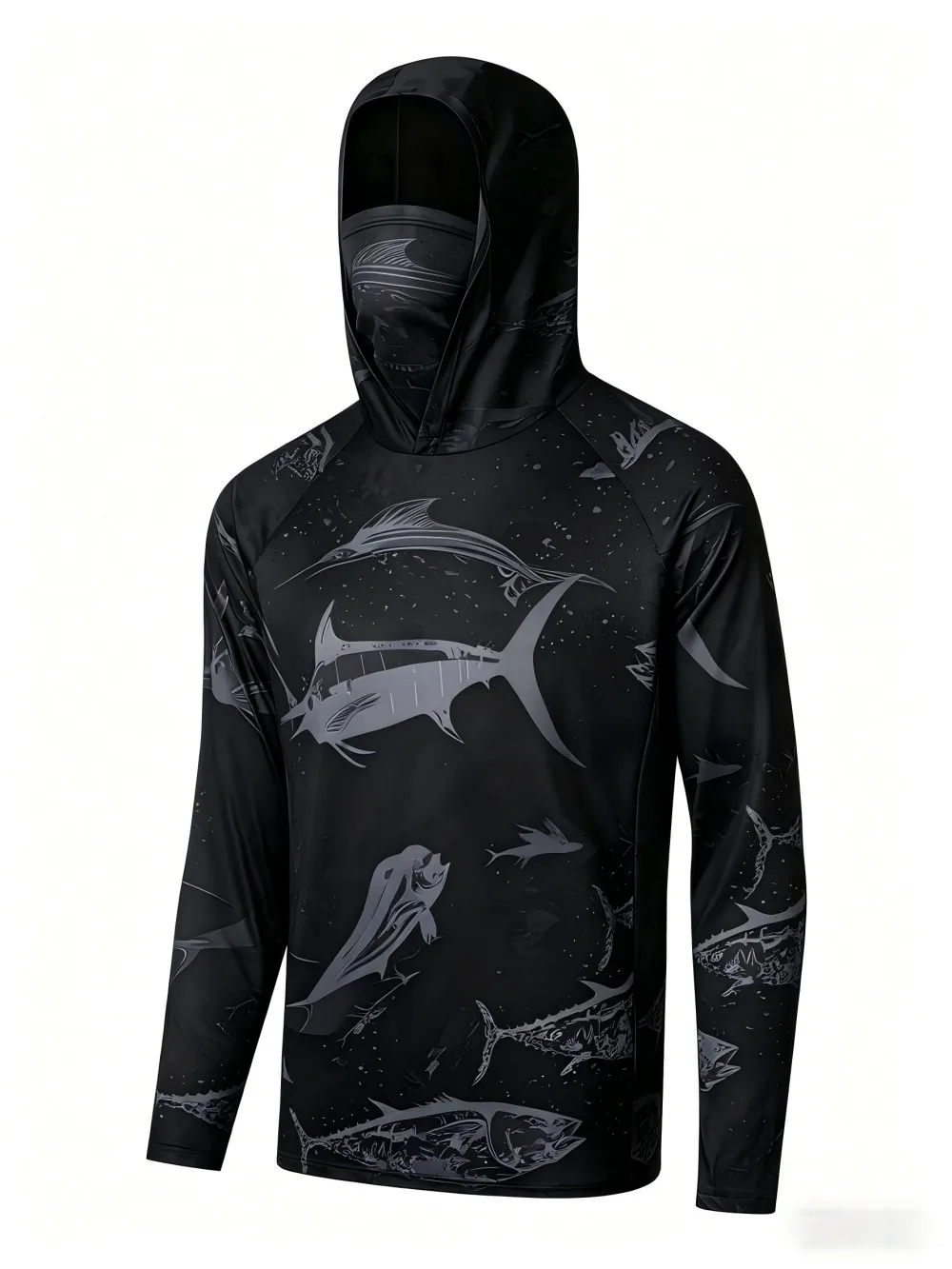 Men Marlin Tuna Fish Print Fishing Hoodie  UV Protection Built‑in Face Mask Quick Dry Breathable Long Sleeve Outdoor Sport Tops