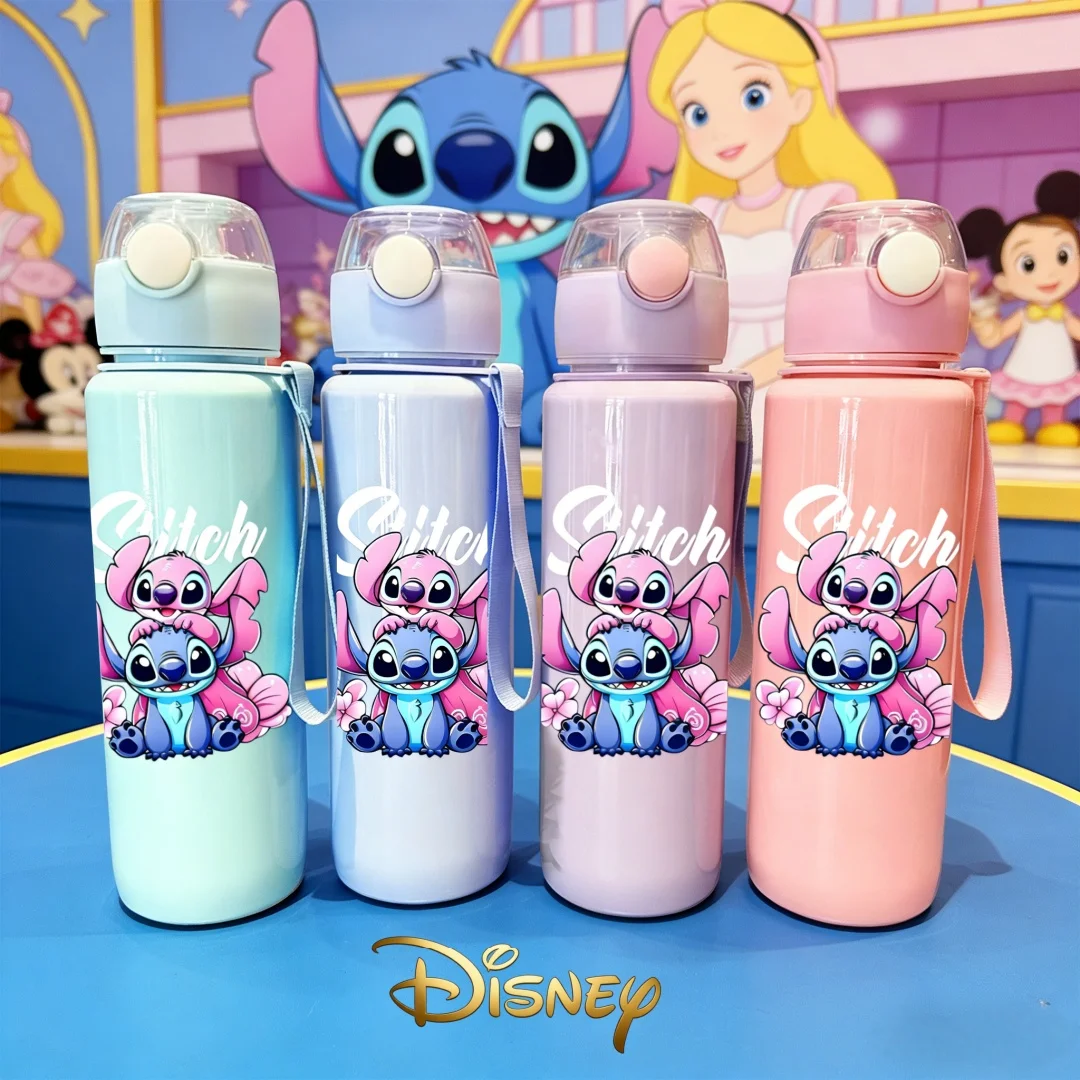 

Бутылка для воды с 3D-принтом Disney Stitch & Angel, новая крышка с кнопкой открывания, многоразовая, легкая, с забавным дизайном