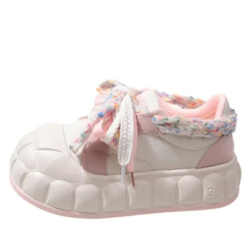 Sapatos vulcanizados kawaii para mulheres, designer, com renda, plataforma, esportes, ao ar livre, confortável, casual, novo, primavera, 5cm