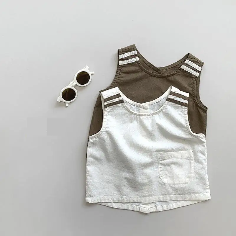 

2025 Summer New Children Linen Cotton Vest Boys Girls Solid Sleeveless Tops Single Breasted Kids Vintage Versatile Casual Coat