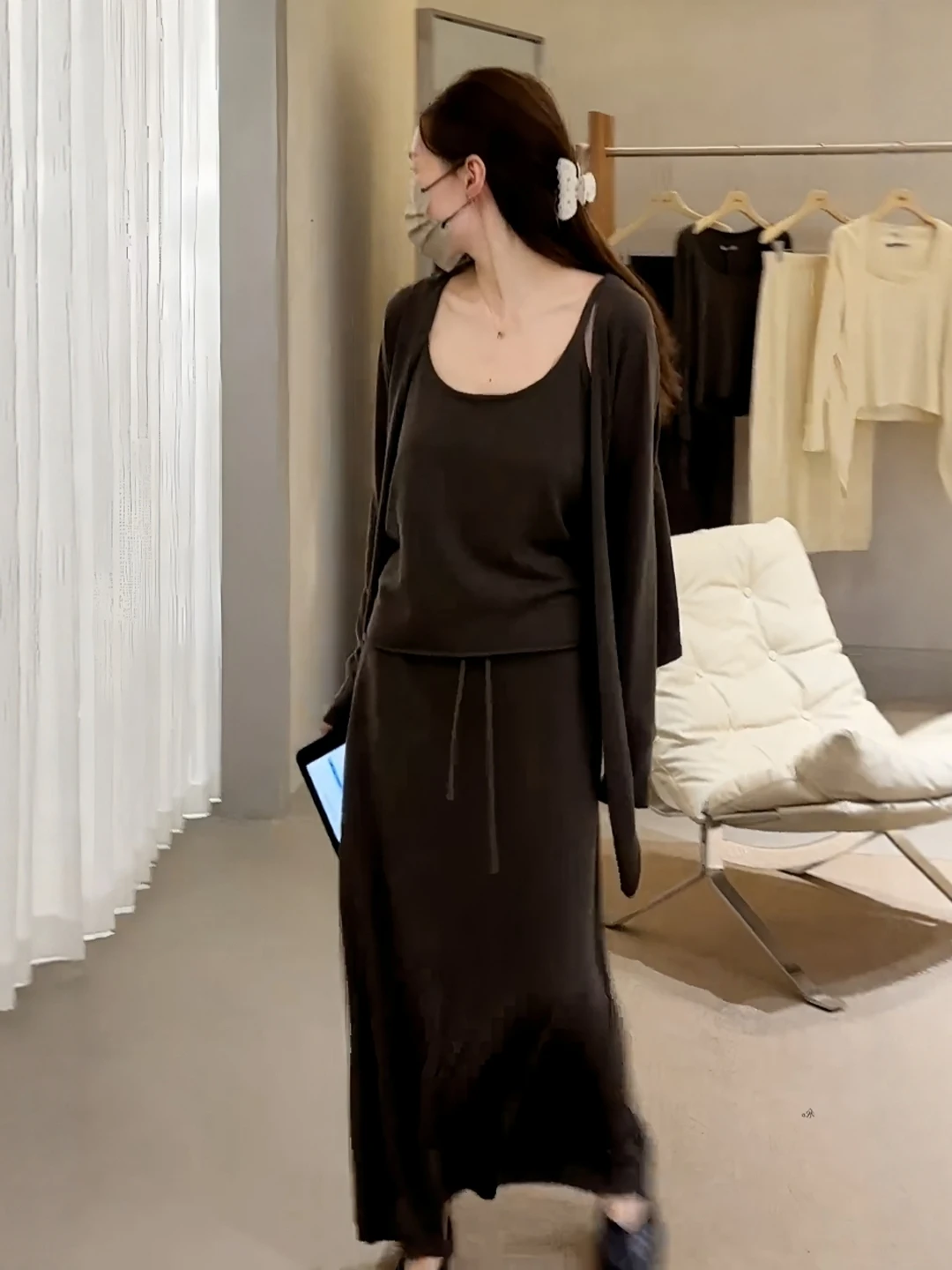 Larger Size Lazy Style Off-Shoulder Cardigan  Skirt Attractive Korean System Unique Not Repeating Set Fashionable Women's...