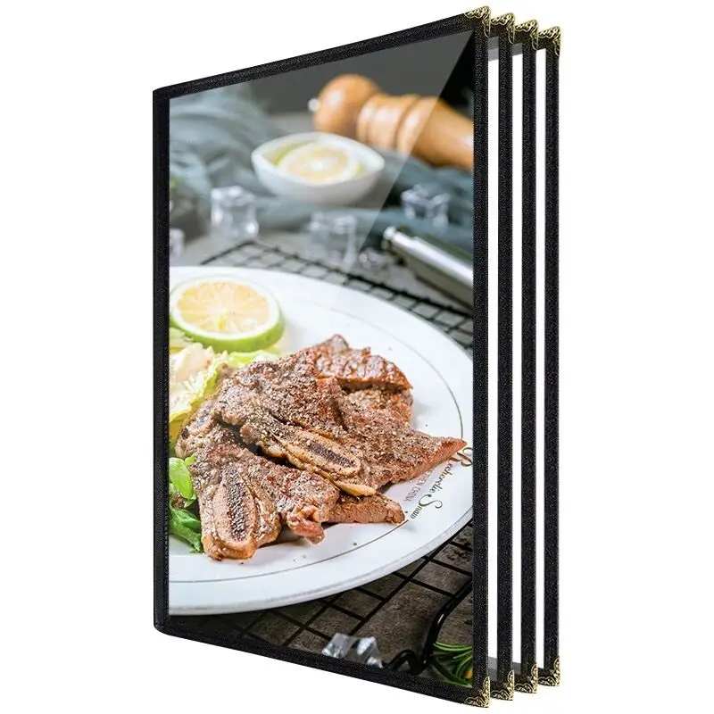 2 Pieces A3 Clear PVC Black Red PU Leather Gold Corners Restaurant Cafe Menu Book PVC Paper Sleeves Menu Cover