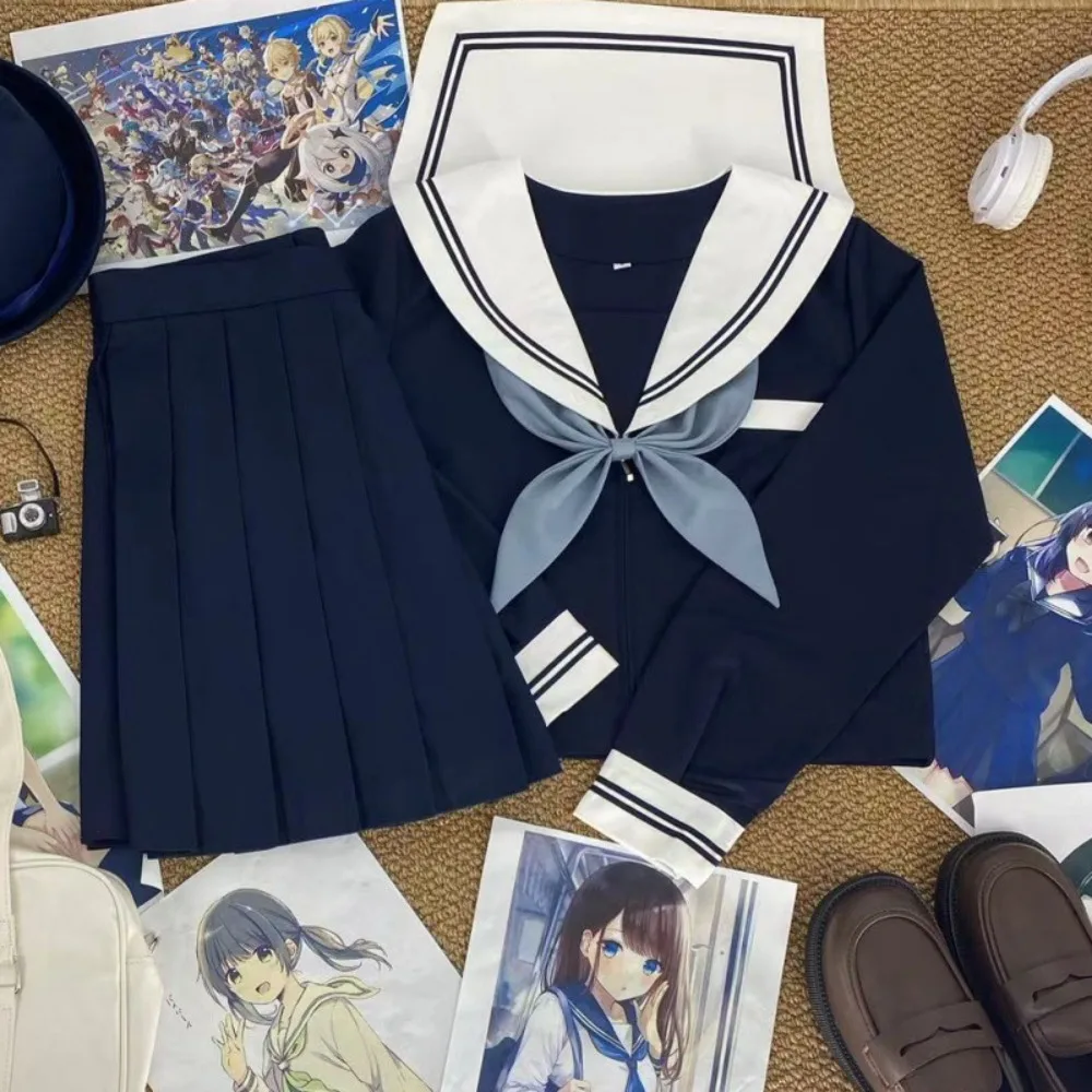 Navy Blue Sailor Suit JK Uniform, White Cyan Collar College Style School Outfit for Graduation Photo Campus Summer Daily Wear