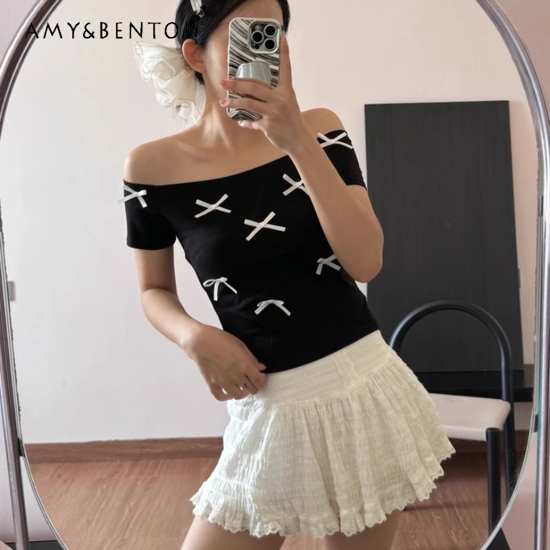 

Korean Gray Bow Off-Shoulder Women's T-Shirt 2025 Summer New Design Elegant Sweet Cute Round Neck Short Sleeve T-Shirts Ladies