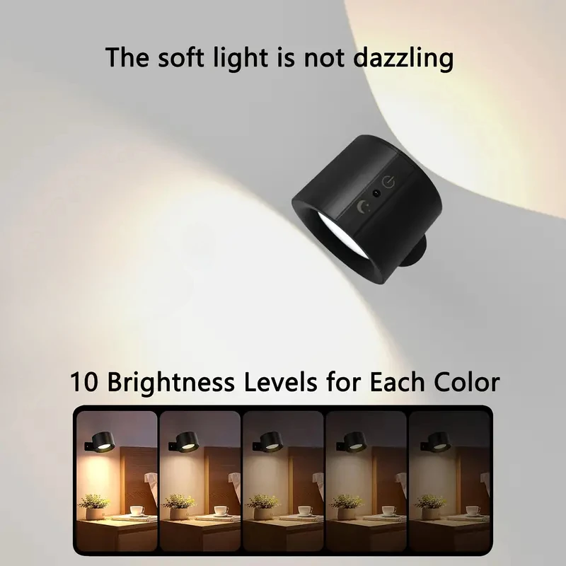 LED Magnetic Wall Lamp 360 ° Rotating Multifunctional Wall Lamp Three Color Adjustable USB Charging for Bedroom Corridor Bedside