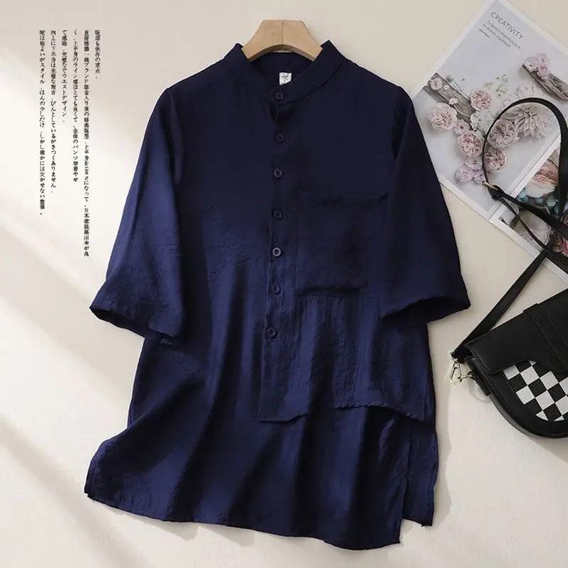 Chinese Style Cotton Linen Summer New Women\'s Stand Collar Button Spliced Asymmetrical Vintage Loose Three Quarter Shirt Blouse